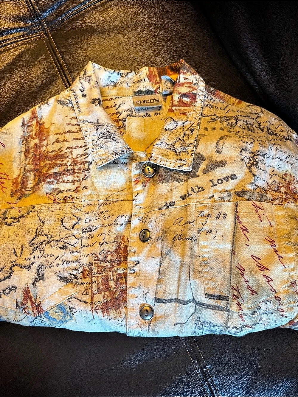CHICO'S Postcard Script Linen Cotton Jacket Yellow & creamy little brown. Size 1